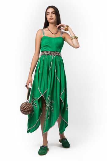 Buy Rara Avis Green Viscose Jacquard Palm Handkerchief Dress Online | Aza  Fashion.
