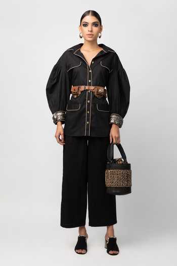 Rara Avis_Black Cotton Satin Bishop Sleeve Shirt_Online_at_Aza_Fashions