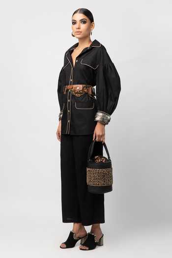 Buy_Rara Avis_Black Cotton Satin Bishop Sleeve Shirt_Online_at_Aza_Fashions