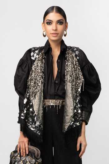 Buy Rara Avis Black Cotton Satin Fringe Tassel Jacket at Aza Fashions Buy_Rara Avis_Black Cotton Satin Fringe Tassel Jacket_at_Aza_Fashions