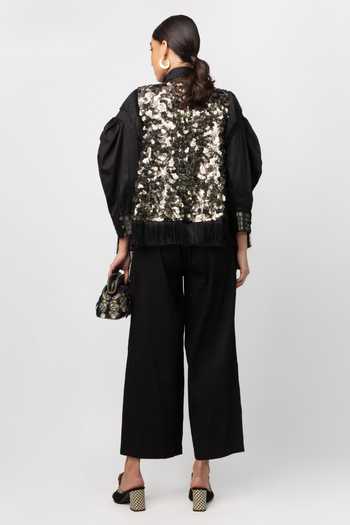 Shop Rara Avis Black Cotton Satin Fringe Tassel Jacket at Aza Fashions Shop_Rara Avis_Black Cotton Satin Fringe Tassel Jacket_at_Aza_Fashions