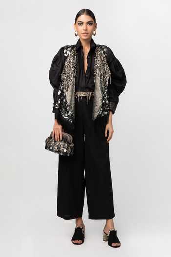 Rara Avis Black Cotton Satin Fringe Tassel Jacket Online at Aza Fashions Rara Avis_Black Cotton Satin Fringe Tassel Jacket_Online_at_Aza_Fashions
