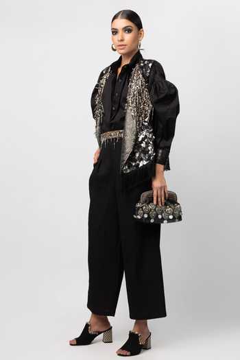 Buy Rara Avis Black Cotton Satin Fringe Tassel Jacket Online at Aza Fashions Buy_Rara Avis_Black Cotton Satin Fringe Tassel Jacket_Online_at_Aza_Fashions