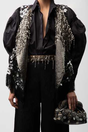 Shop Rara Avis Black Cotton Satin Fringe Tassel Jacket Online at Aza Fashions Shop_Rara Avis_Black Cotton Satin Fringe Tassel Jacket_Online_at_Aza_Fashions