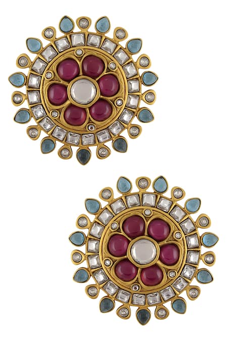 Shop_Tribe Amrapali_Gold Plated Stone Floral Studs _at_Aza_Fashions
