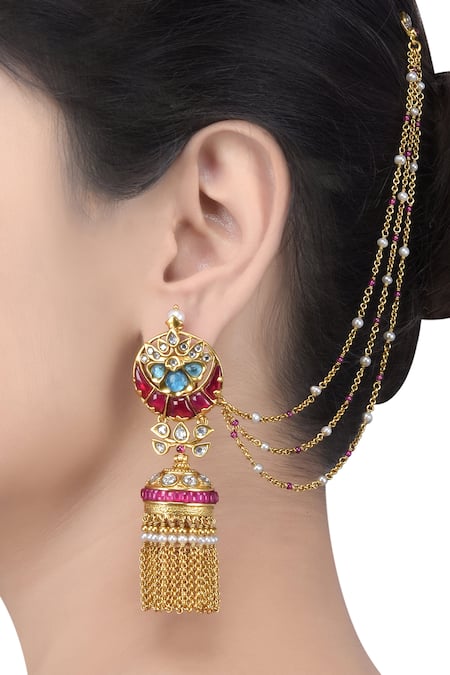 1 gram gold jhumka earrings online with chain design big size  Swarnakshi  Jewelry