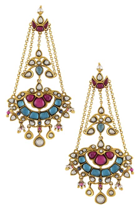 Shop Tribe Amrapali Gold Plated Stone Moon Danglers at Aza Fashions Shop_Tribe Amrapali_Gold Plated Stone Moon Danglers _at_Aza_Fashions