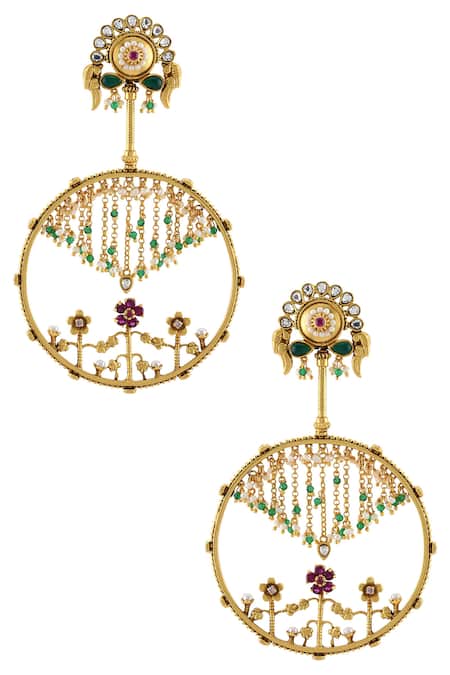 Shop Tribe Amrapali Gold Plated Stone Floral Danglers at Aza Fashions Shop_Tribe Amrapali_Gold Plated Stone Floral Danglers _at_Aza_Fashions