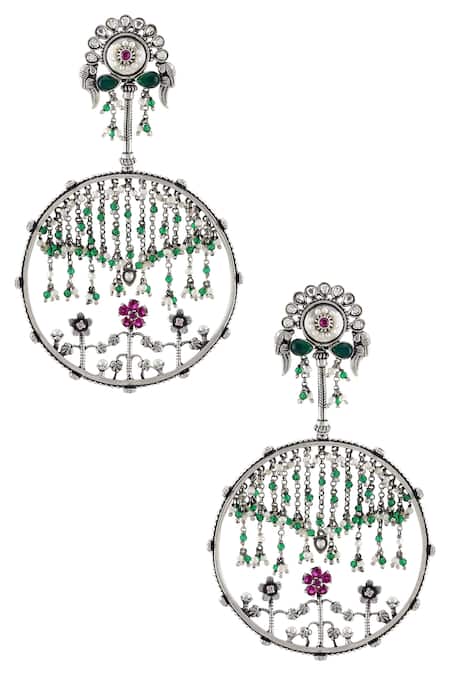 Shop Tribe Amrapali Silver Plated Stone Floral Danglers at Aza Fashions Shop_Tribe Amrapali_Silver Plated Stone Floral Danglers _at_Aza_Fashions