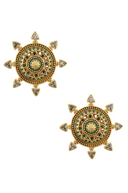 Shop Tribe Amrapali Gold Plated Stone Circular Studs at Aza Fashions Shop_Tribe Amrapali_Gold Plated Stone Circular Studs _at_Aza_Fashions