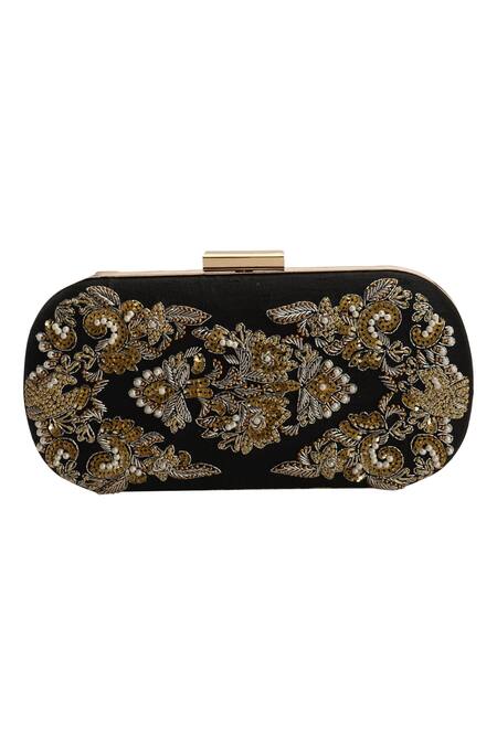 The Purple Sack_Black Embroidery Clutch With Sling _Online_at_Aza_Fashions