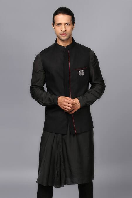 Boy's Beige Embroidered Nehru Jacket With Black Kurta Pyjama Set -  Absolutely Desi