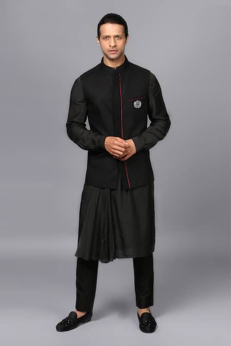 Buy Benstoke Men Silk Blend Black Kurta with Churidar & Printed Nehru Jacket  (Set of 3) online