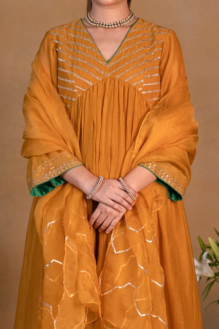 Shop_Pants And Pajamas_Yellow Organza Gota Work, Sequins Embroidered Dupatta _Online_at_Aza_Fashions