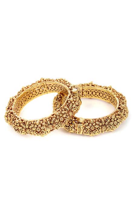 Riana Jewellery_Gold Plated Cut Work Carved Bangle - Set Of 2 _Online_at_Aza_Fashions