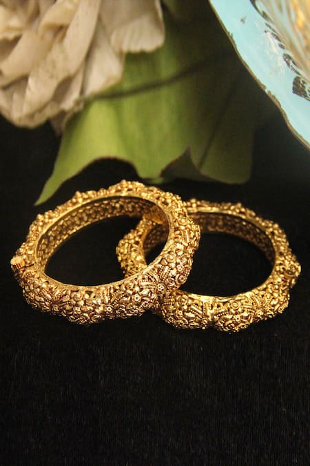 Shop_Riana Jewellery_Gold Plated Cut Work Carved Bangle - Set Of 2 _Online_at_Aza_Fashions