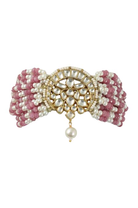 Shop_Riana Jewellery_Gold Plated Pearls, Beads, Stones Crescent Moon Bracelet _at_Aza_Fashions