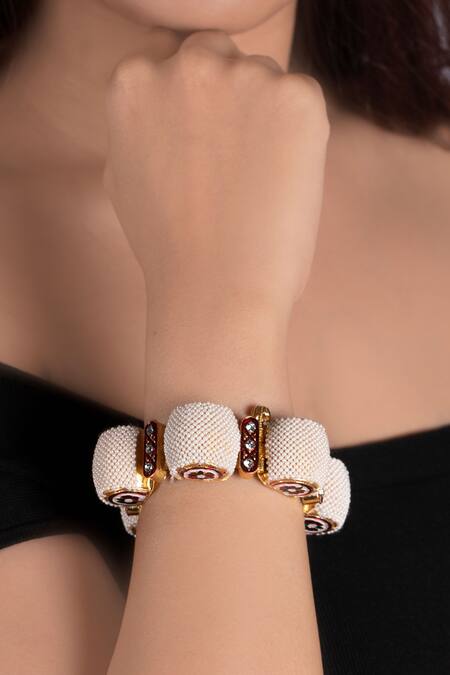 Riana Jewellery_Gold Plated Pearls, Stones Bead Enamel Gajra Bangle - Set Of 2 _Online_at_Aza_Fashions