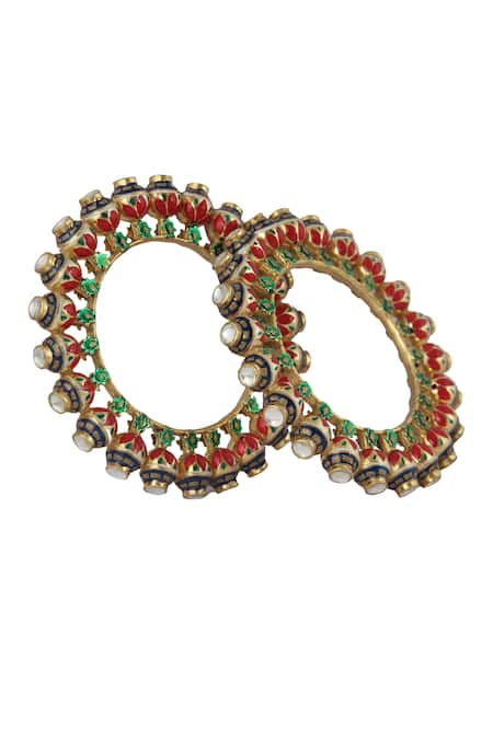 Shop Riana Jewellery Gold Plated Enamel Stone Kadas Set Of 2 at Aza Fashions Shop_Riana Jewellery_Gold Plated Enamel Stone Kadas Set Of 2 _at_Aza_Fashions