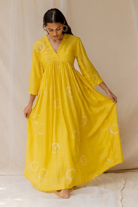 Buy Yellow Cotton Silk Embroidery V Neck Hand Painted Maxi Dress For ...