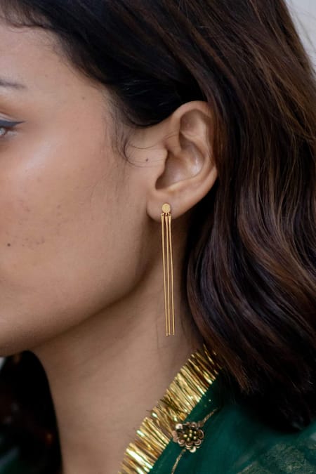 Nirjara_Gold Plated Metal Wispy Dangler Earrings _Online_at_Aza_Fashions