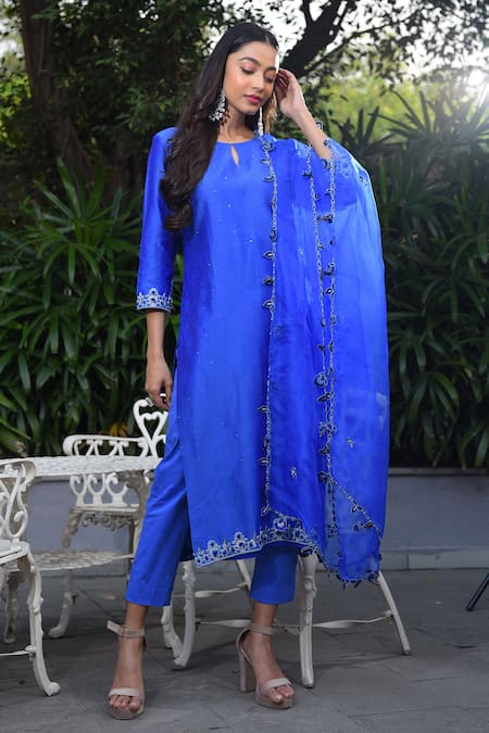 Kasturi Tikmani Blue Kurta Pure Chanderi Silk Pant Stretchable Cotton And Set 