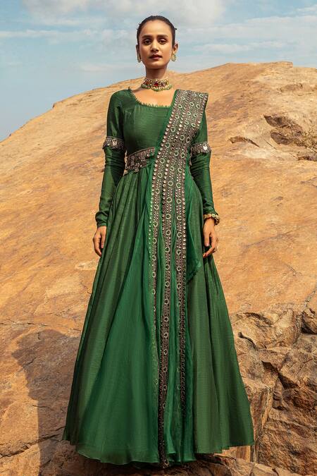 Ridhima Bhasin_Green Silk, Organza Square Neck Anarkali With Embellished Dupatta _Online_at_Aza_Fashions