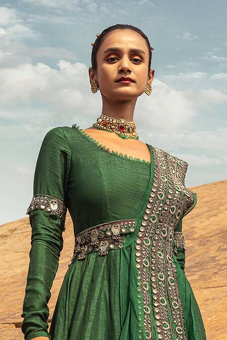 Buy_Ridhima Bhasin_Green Silk, Organza Square Neck Anarkali With Embellished Dupatta _Online_at_Aza_Fashions