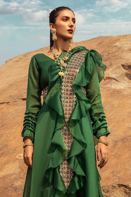 Ridhima Bhasin_Green Chiffon Asymmetric Pre-draped Embroidered Jumpsuit  _Online_at_Aza_Fashions