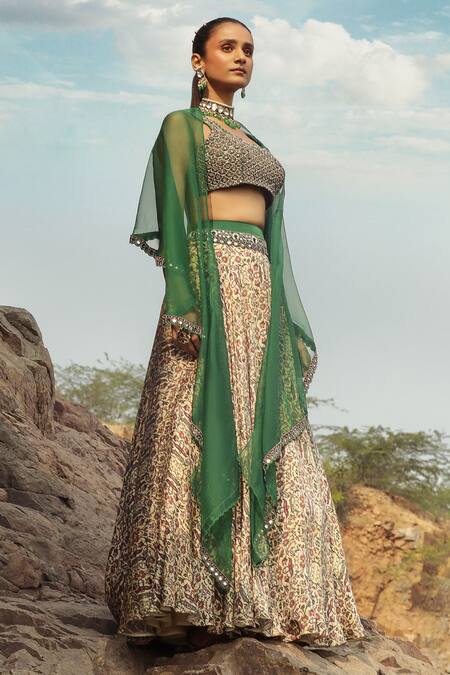 Ridhima Bhasin_Beige Organza, Satin Square Neck Printed Lehenga Set _Online_at_Aza_Fashions