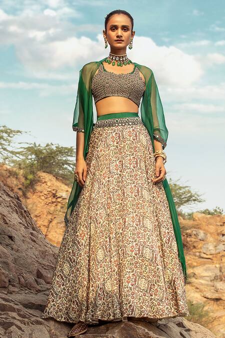 Buy_Ridhima Bhasin_Beige Organza, Satin Square Neck Printed Lehenga Set _Online_at_Aza_Fashions