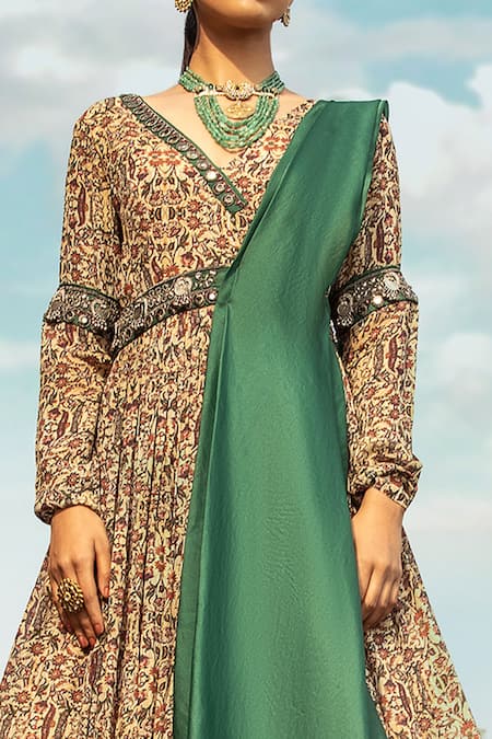 Buy Ridhima Bhasin Beige Organza, Georgette V Neck Printed Anarkali With Embellished Dupatta Online at Aza Fashions Buy_Ridhima Bhasin_Beige Organza, Georgette V Neck Printed Anarkali With Embellished Dupatta _Online_at_Aza_Fashions