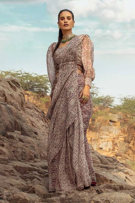 Buy_Ridhima Bhasin_Purple Organza V Neck Printed Pre-draped Saree With Blouse  _Online_at_Aza_Fashions