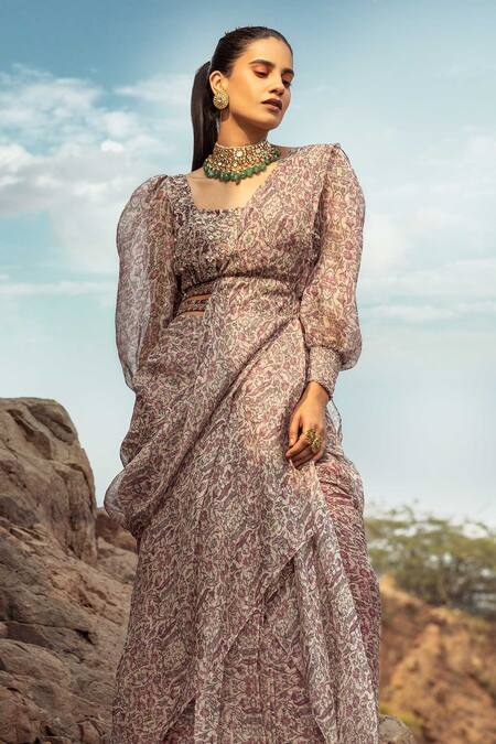 Ridhima Bhasin_Purple Organza V Neck Printed Pre-draped Saree With Blouse  _at_Aza_Fashions