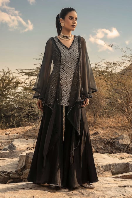 Ridhima Bhasin_Black Organza V Neck Embroidered Kurta And Pant Set _Online_at_Aza_Fashions