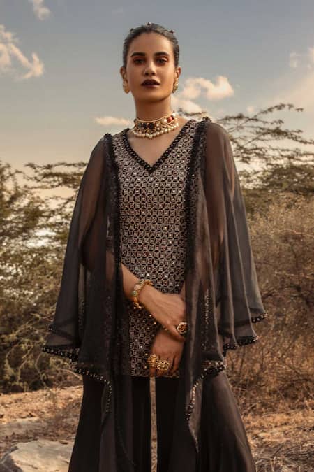 Buy_Ridhima Bhasin_Black Organza V Neck Embroidered Kurta And Pant Set _Online_at_Aza_Fashions