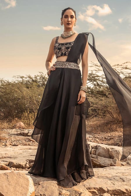 Buy_Ridhima Bhasin_Black Organza Square Neck Sharara Saree With Blouse _Online_at_Aza_Fashions