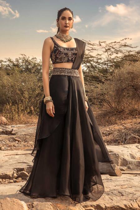 Ridhima Bhasin_Black Organza Square Neck Sharara Saree With Blouse _Online_at_Aza_Fashions