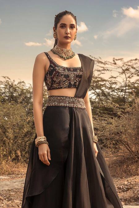 Ridhima Bhasin_Black Organza Square Neck Sharara Saree With Blouse _at_Aza_Fashions