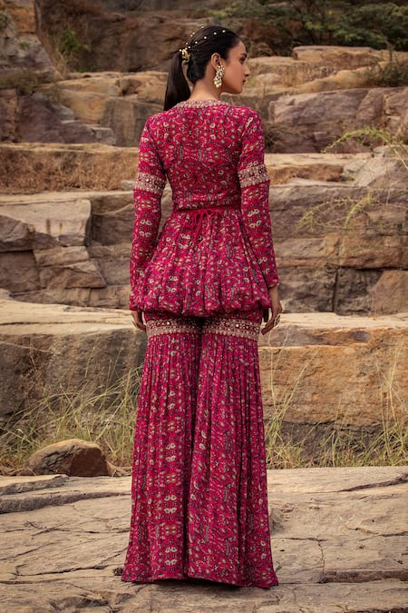 Shop Ridhima Bhasin Pink Georgette V Neck Embroidered Kurta Set at Aza Fashions Shop_Ridhima Bhasin_Pink Georgette V Neck Embroidered Kurta Set _at_Aza_Fashions