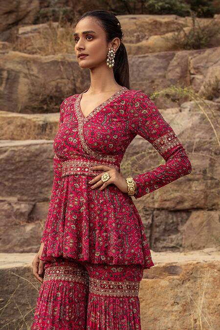 Buy Ridhima Bhasin Pink Georgette V Neck Embroidered Kurta Set Online at Aza Fashions Buy_Ridhima Bhasin_Pink Georgette V Neck Embroidered Kurta Set _Online_at_Aza_Fashions
