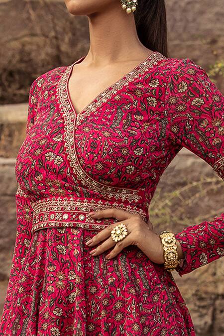 Shop Ridhima Bhasin Pink Georgette V Neck Embroidered Kurta Set Online at Aza Fashions Shop_Ridhima Bhasin_Pink Georgette V Neck Embroidered Kurta Set _Online_at_Aza_Fashions