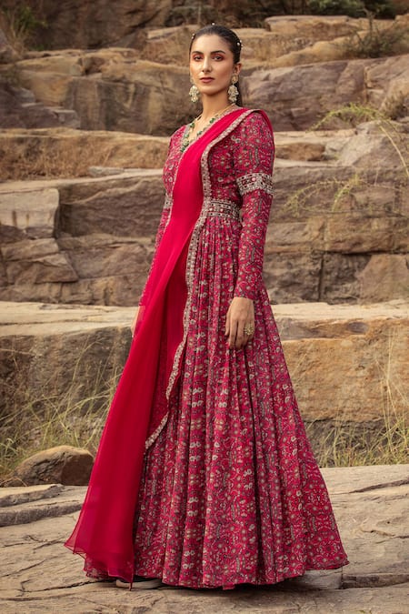 Ridhima Bhasin Pink Georgette V Neck Printed Anarkali With Embellished Dupatta Online at Aza Fashions Ridhima Bhasin_Pink Georgette V Neck Printed Anarkali With Embellished Dupatta _Online_at_Aza_Fashions