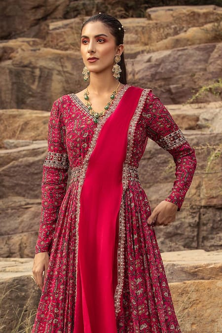 Buy Ridhima Bhasin Pink Georgette V Neck Printed Anarkali With Embellished Dupatta Online at Aza Fashions Buy_Ridhima Bhasin_Pink Georgette V Neck Printed Anarkali With Embellished Dupatta _Online_at_Aza_Fashions