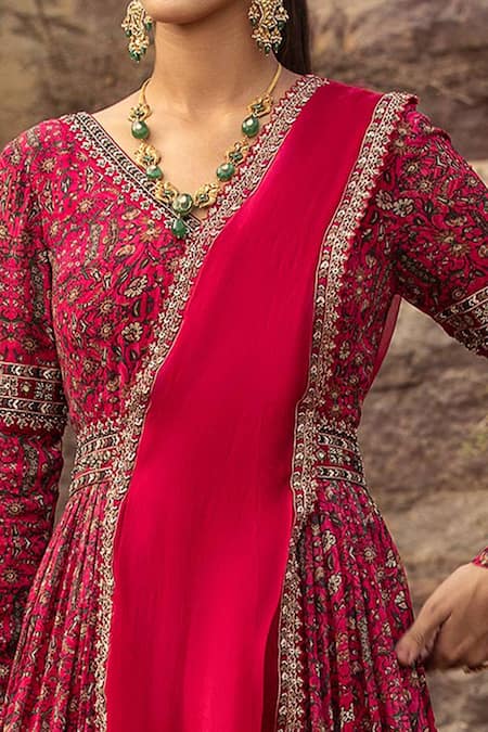Shop Ridhima Bhasin Pink Georgette V Neck Printed Anarkali With Embellished Dupatta Online at Aza Fashions Shop_Ridhima Bhasin_Pink Georgette V Neck Printed Anarkali With Embellished Dupatta _Online_at_Aza_Fashions