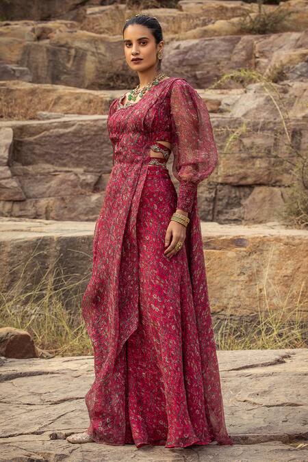 Buy_Ridhima Bhasin_Pink Georgette Square Neck Printed Sharara Saree With Blouse  _Online_at_Aza_Fashions