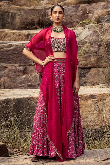 Ridhima Bhasin Pink Satin Sweetheart Neck Printed Lehenga Set 