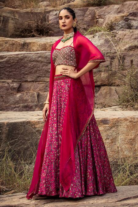 Ridhima Bhasin_Pink Organza, Satin Sweetheart Neck Printed Lehenga Set _Online_at_Aza_Fashions