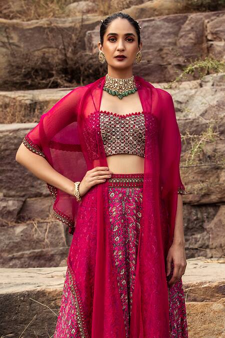 Buy_Ridhima Bhasin_Pink Organza, Satin Sweetheart Neck Printed Lehenga Set _Online_at_Aza_Fashions