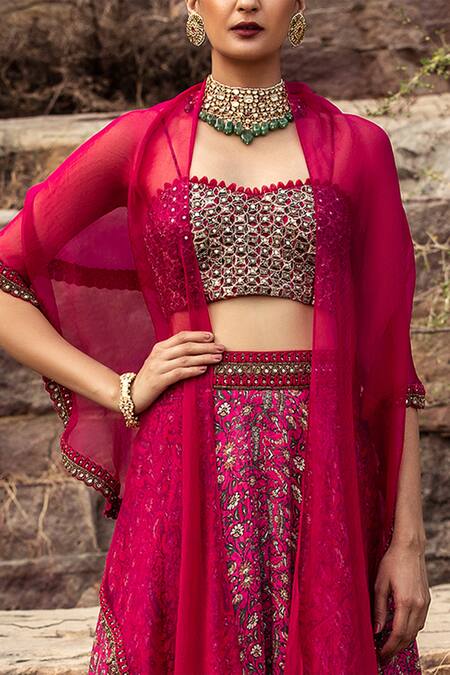 Shop_Ridhima Bhasin_Pink Organza, Satin Sweetheart Neck Printed Lehenga Set _Online_at_Aza_Fashions
